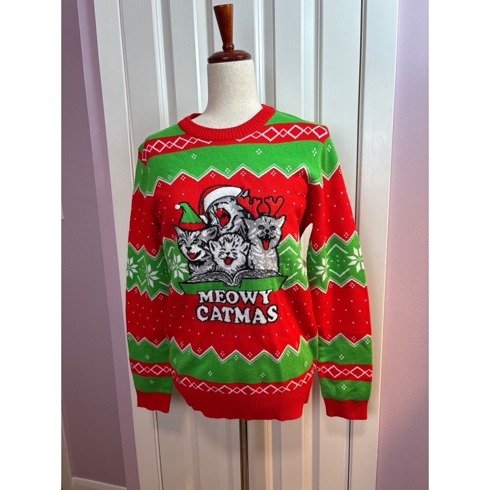 Mad Engine Meowy Catmas Ugly Christmas Sweater Red Green Cats Womens Medium
